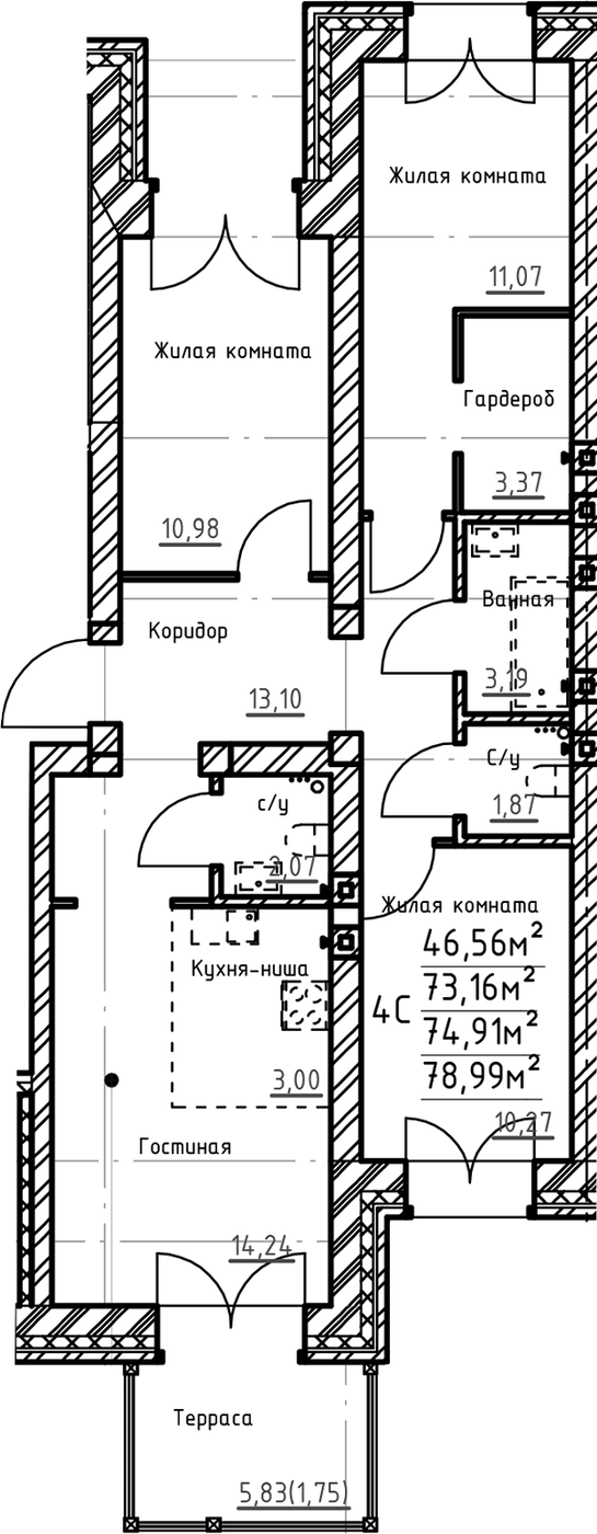 Планировка 3-к, 70,7 м² в ЖК Твоя привилегия
